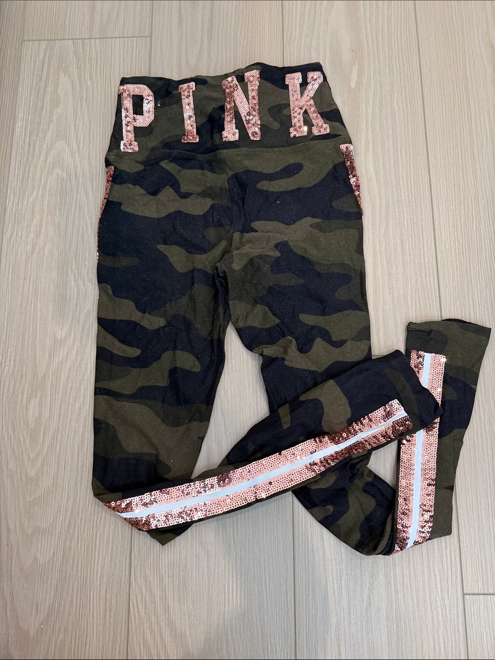 PINK Victoria's Secret Olive Green Camo Leggings with Rose Gold Sequin Trim